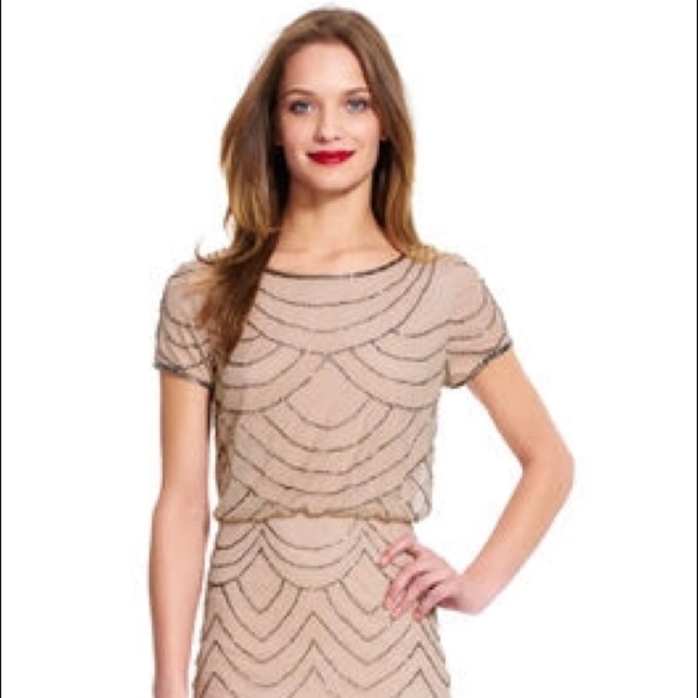 Adrianna Pappell Short Sleev Beaded Blouson Gown